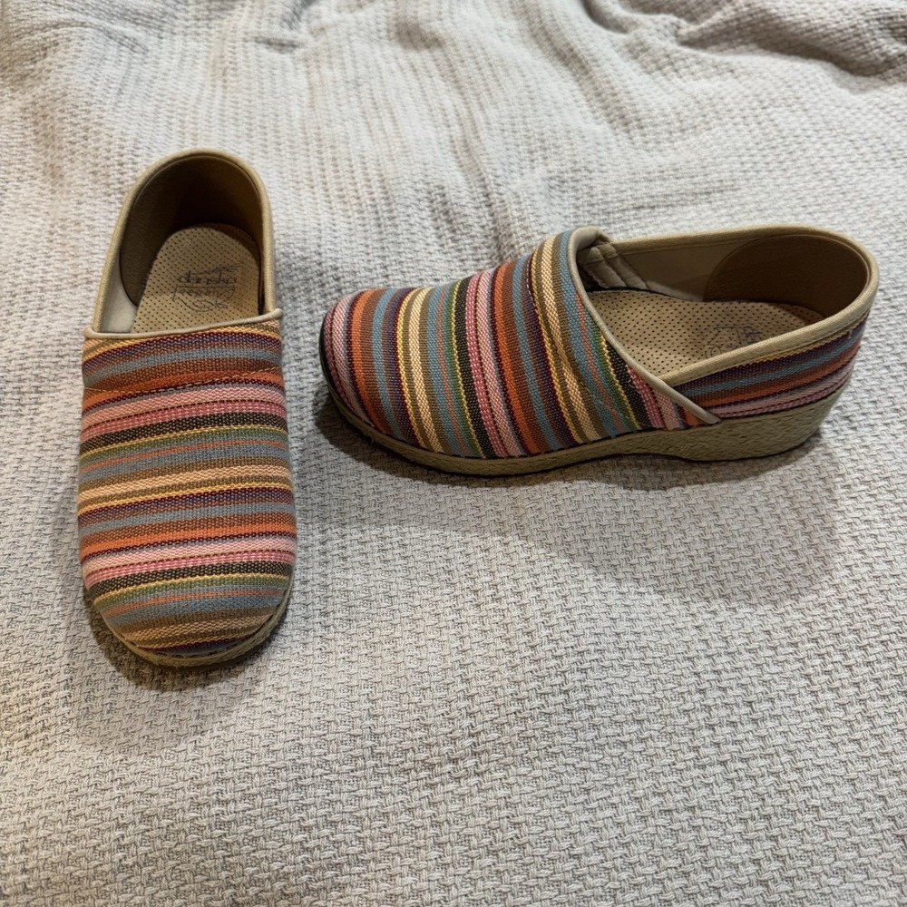 Dansko Striped Multicolor Canvas Clogs in Pink, Orange, Blue, Green